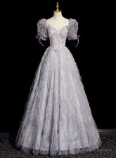 Classic Gray Tulle Sequins Short Sleeve Beading Prom Dress